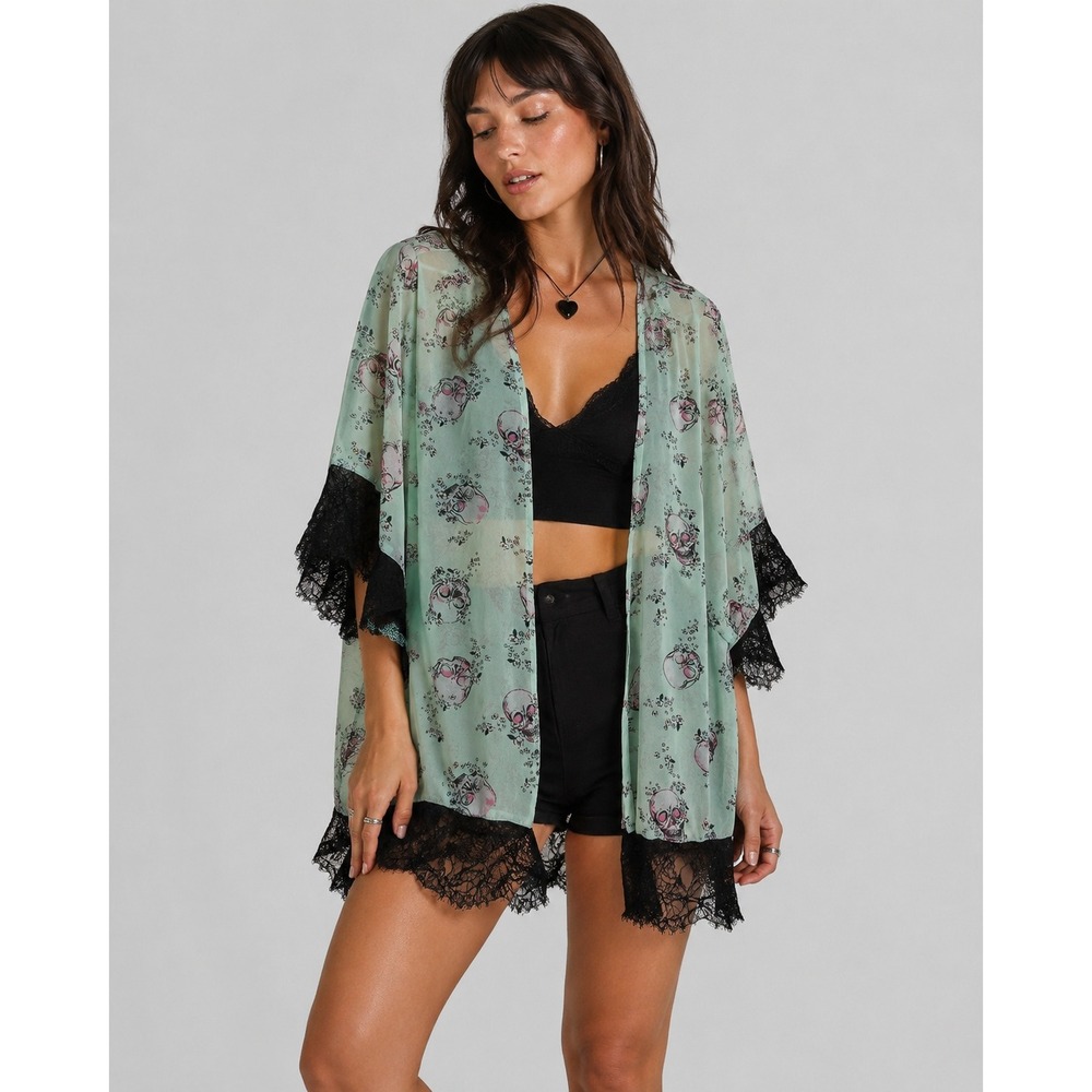 Hot Topic Kimono Wrap Sz M Mint Green Skull Floral Lace Trim Goth Whimsigoth